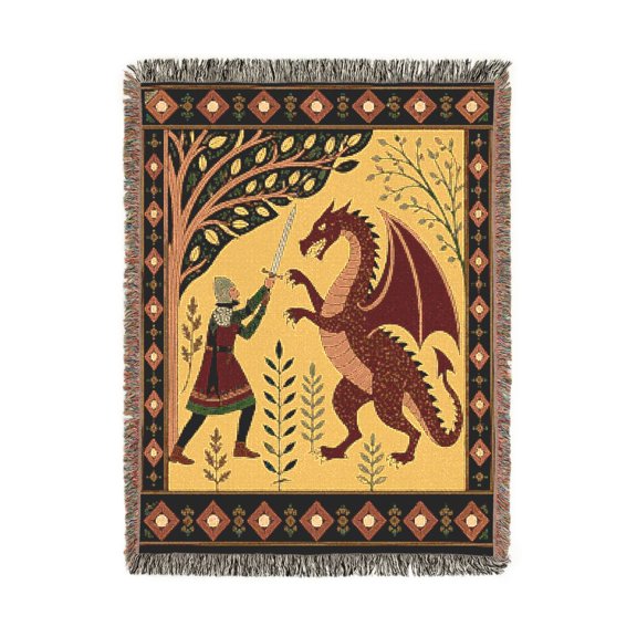 Medieval Knight and Dragon Dark Teal, Brick Red and Beige Woven Throw Blanket, 100% Cotton, Tapestry Style