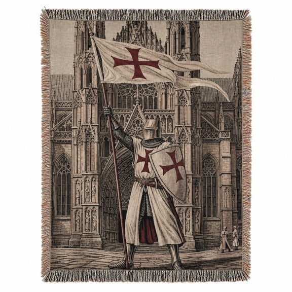 Medieval Knight and Gothic Cathedral Sepia Woven Throw Blanket, Cotton with Fringed Edges, Historical, Couch and Bed Home Decor