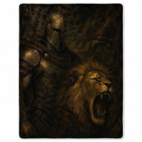Medieval Knight and Lion Sherpa Blanket, Soft Polyester Fleece Throw