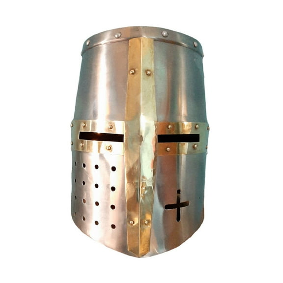 Medieval Knights Helmet Crusader Brass Cross Templar Helm with Inner Liner and chin strap