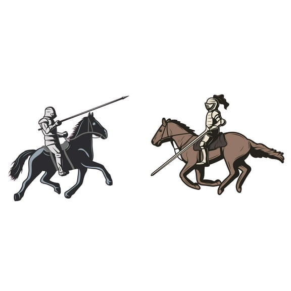Medieval Knights Jousting for Living Room Vinyl Wall Decal - Knights in Shining Armor on a Horseback Fighting Each Other for Kid's Bedroom Wall Decoration - Knight with Shield and Sword on Black and B