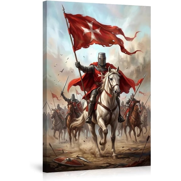 Medieval Knights Templar Canvas Wall Art, Epic Crusader Warrior Horse Battle Scene Painting, Historical Military Picture Wall Decor for Living Room Bedroom Home Office