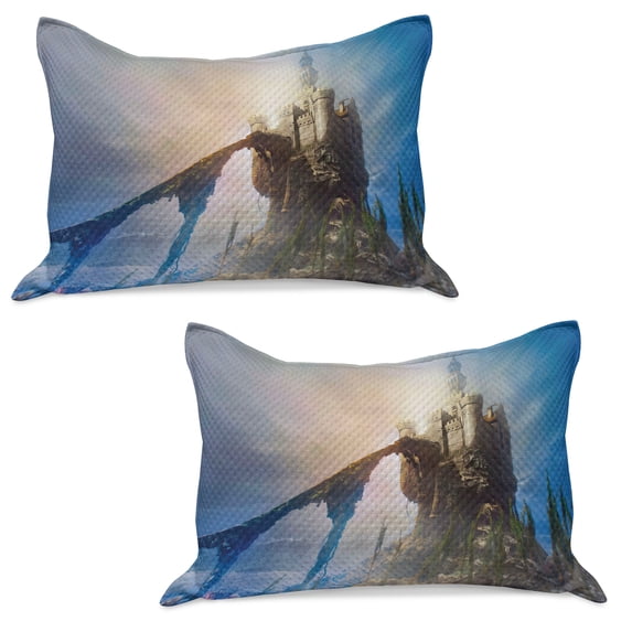 Medieval Knitted Quilt Pillowcover Set of 2, Old Castle on the Hill Royal Stories of Middle Age Mist, Standard Queen Pillow Sham Bedroom, 30" x 20", Grey Blue, by Ambesonne