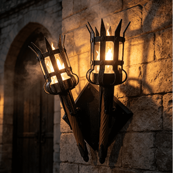 Medieval LED Torch Wall Sconce, Rustic Forged Iron Torch Light, Adjustable Brightness Flame Lamp, Fantasy Themed Wall Decor For Tavern & Renaissance Decor B