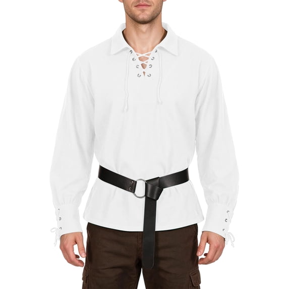 Medieval Lace Up, Shirt Belt Renaissance, Pirate Top Long, Sleeve Historical, Medieval Lace Up Shirt With Belt Renaissance Pirate Top Long Sleeve Historical Costume for Costume Party, White L