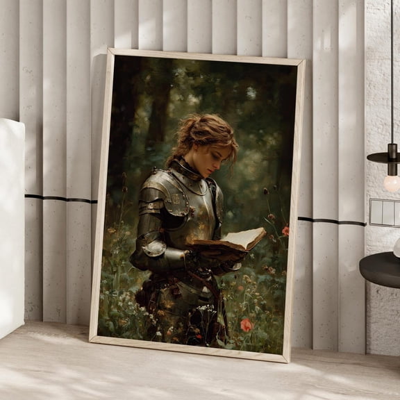 Medieval Lady Knight Reading Wall Art, Dark Academia Fantasy Decor, Unframed Paper Print Size 24x36