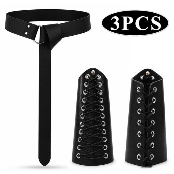 Medieval Leather Bracers and Waist Belt Set, Lace-Up Costume Accessories for Adults, Black