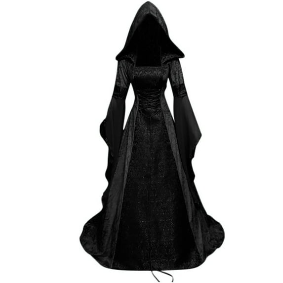 Medieval Long Dress for Womens Plus Size Maxi Hooded Vintage Gothic Celtic Halloween Dress Lace Up Irish Gown Cosplay