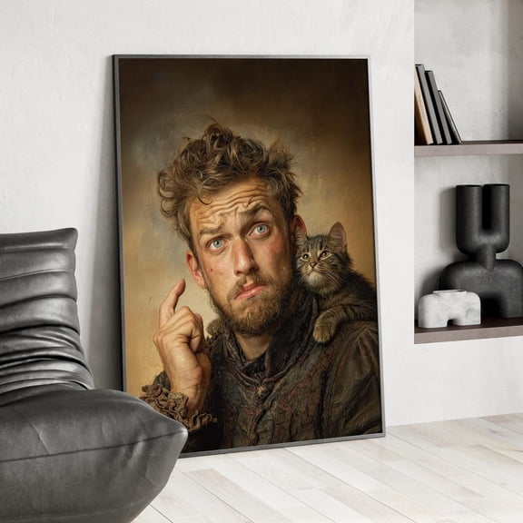 Medieval Man With Cat Portrait Dutch Master Style Pet Chiaroscuro Renaissance Artwork, Unframed Poster