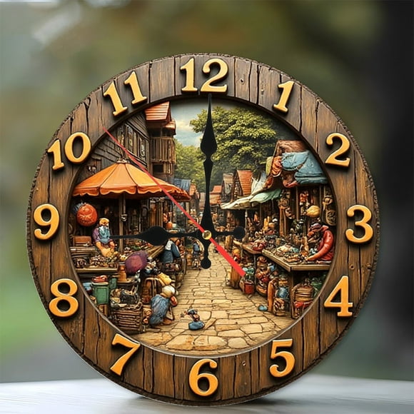 Medieval Market Street Clock Wall Decor 10-Inch Silent Wooden Wall Clock, Battery Operated (AA Batteries Not Included), Artistic Home Decor