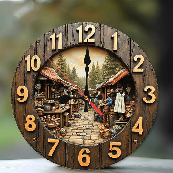 Medieval Market Village Wooden Clock Wall Art 10-Inch Silent Wooden Wall Clock, Battery Operated (AA Batteries Not Included), Artistic Home Decor