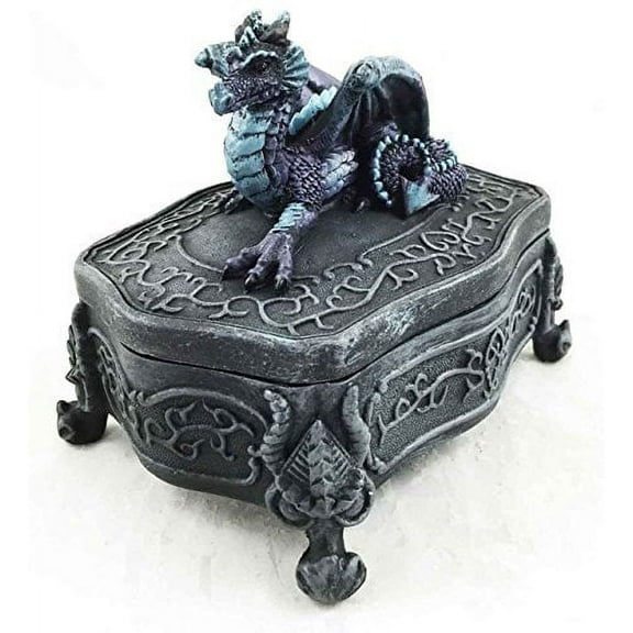 Medieval Midnight Dragon Crouching On Jewelry Box Figurine Sculpture Trinket