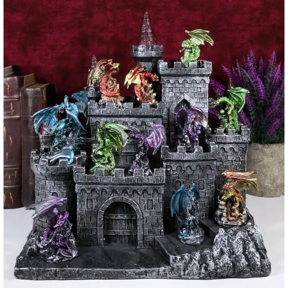 Medieval Mini Dragons Guarding King's Landing Castle Fortress Display Statue Set