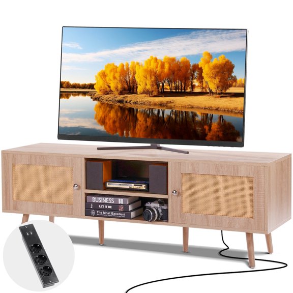 Medieval Modern Bohemian Rattan TV Stand for 65 Inch TVs with Built in Sockets USB Ports Adjustable Shelves Oak Color Living Room Home Theater