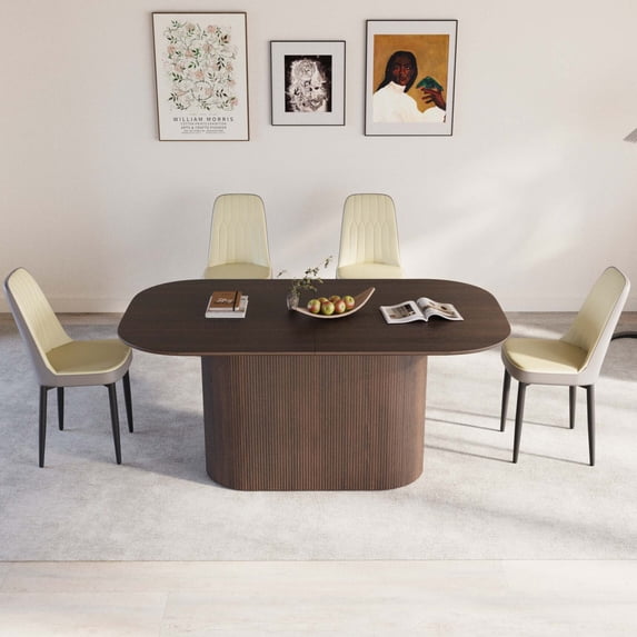 Medieval Modern Brown MDF Dining Table and PU Dining Chair Set with Black Metal Legs for Home Kitchen Family Gatherings