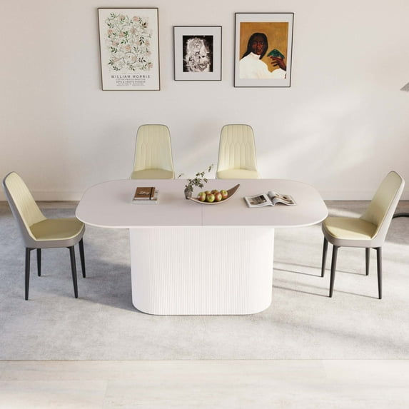 Medieval Modern Cream Style MDF Dining Table and PU Dining Chair Set with 4 Chairs, Easy Assembly for Home Kitchen