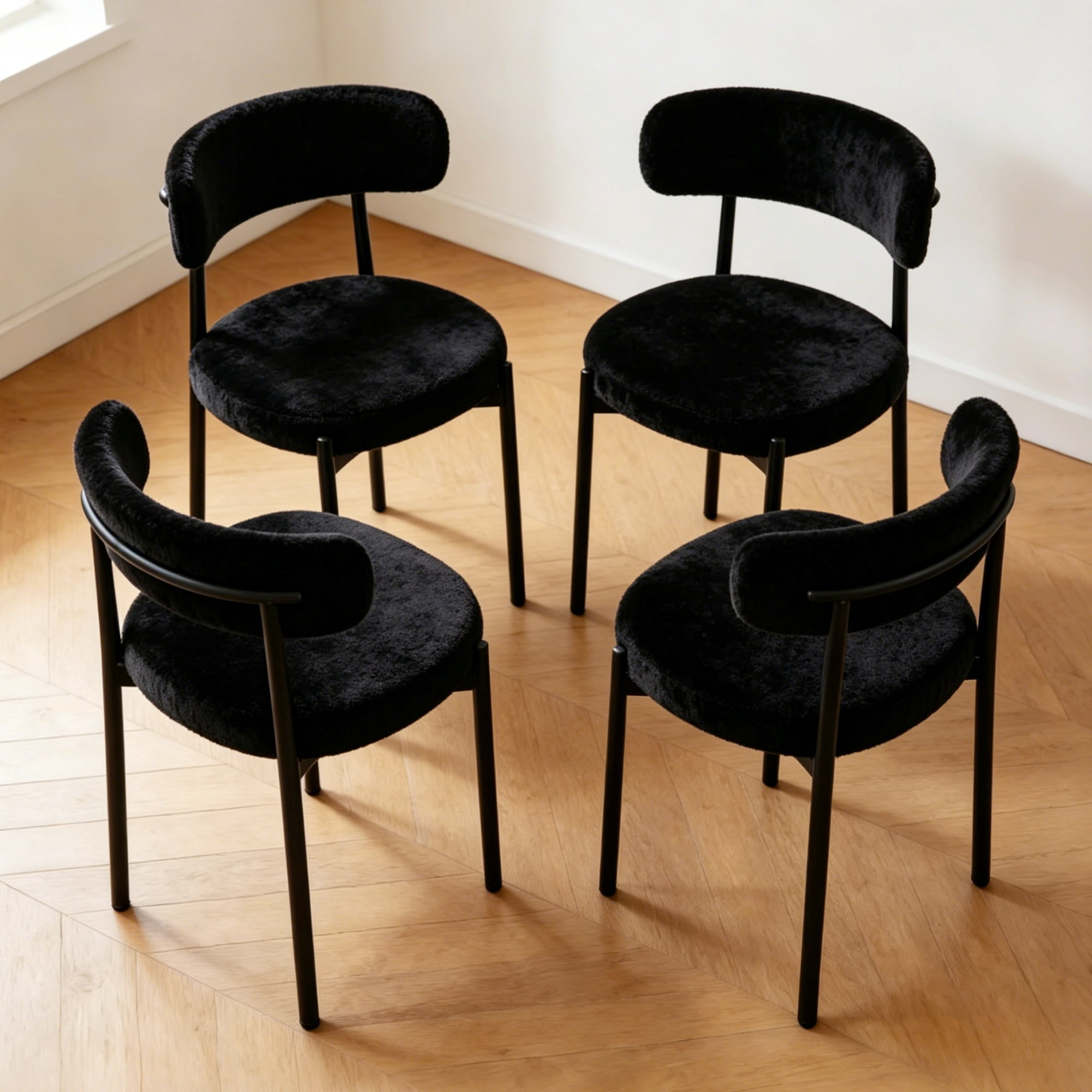 Medieval Modern Dining Chair Set of 4, Round Seat Cushions Black Metal Legs Curved Back, for Restaurants Dining Rooms Kitchen Home, Easy to Assemble, Black