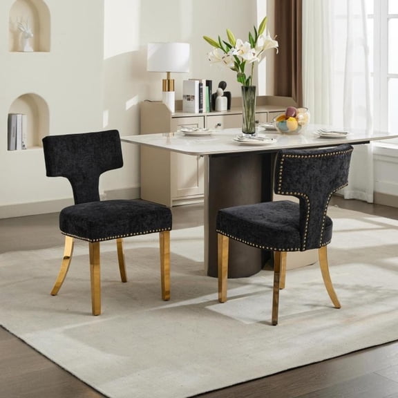 Medieval Modern Double Dining Table and Chair Set, Farmhouse Style Linen Fabric Curved Backrest with Copper Nail Edge Decoration Solid Wood Dining Chair