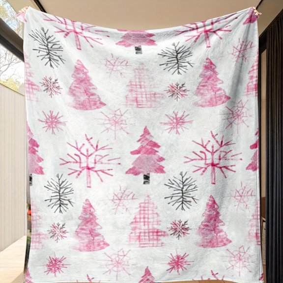 Medieval Modern Pink Watercolor Christmas Blanket Soft Flannel All-Season Comfortable Shawl with Pink, White, and Gray Snowflake and Fir Tree Patterns