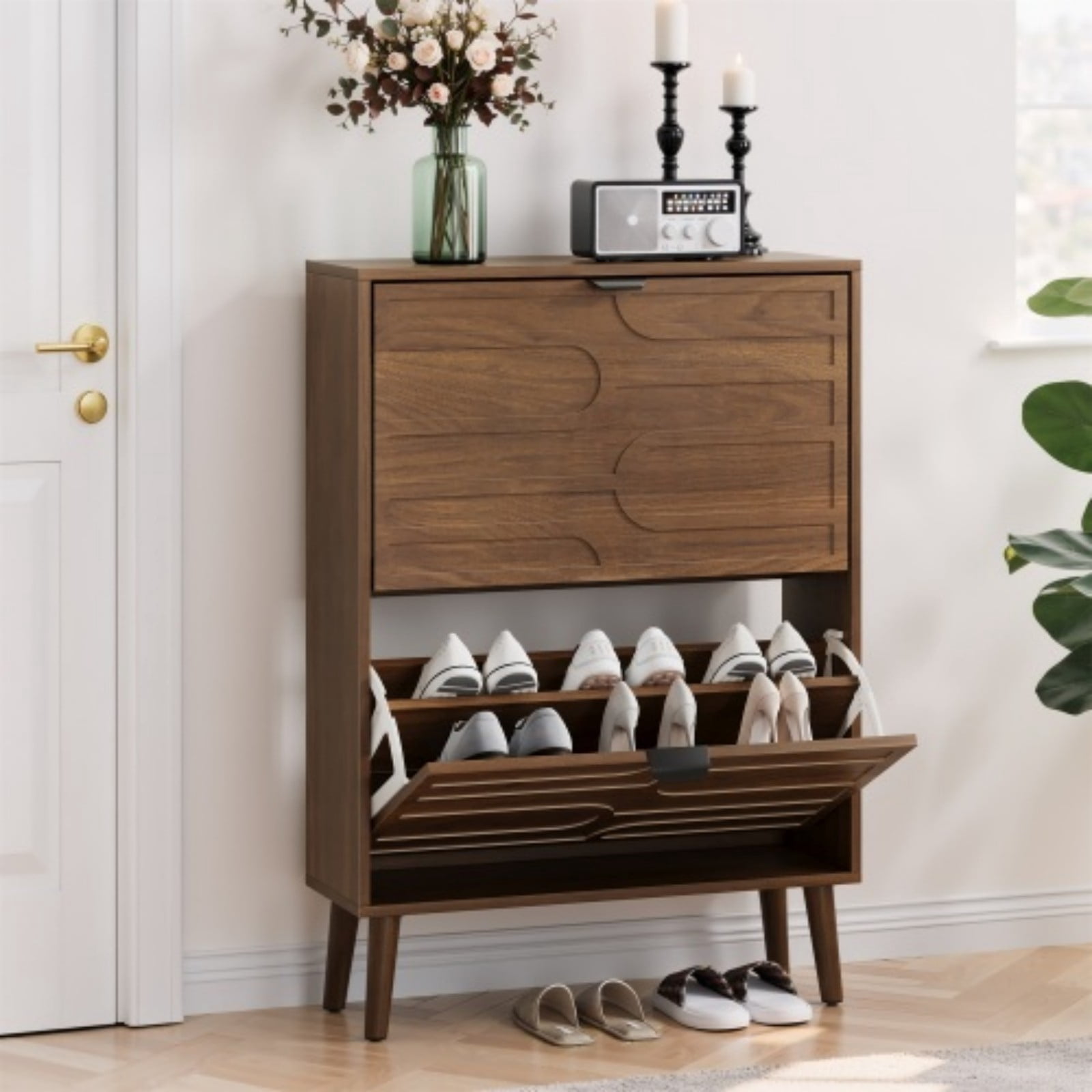 Medieval Modern Shoe Cabinet, 24" Walnut Entryway Shoe Storage Cabinet with 2 Flip Drawers, Slim Freestanding Shoe Organizer for Hallway, Corridor, Entryway