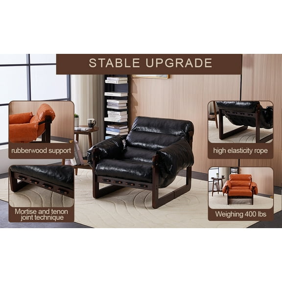 Medieval Modern Style Lounge Chair with Removable Armrests, Vintage Oil-Wax Leather Sofa Chair - Decorative Accent for Living Room, Home Office, Study Room - Antique Black Finish