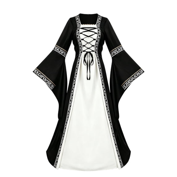 Medieval Noble Overcoat Dress, Lace Trim Renaissance Gown, Lace Up Trimmed Medieval Overcoat Dress, Long Flare Sleeve Two Piece Renaissance Cosplay Gown for Halloween Noble Themed Party, Black S
