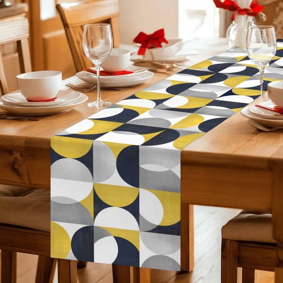 Medieval Nordic Geometric Art Table Runner 36 Inches Long,Kitchen Dining Tablerunners Splicing Semicircle Rectangles Linen Table Runners Dresser Scarves for Home Dinner Wedding Holiday Party Decor