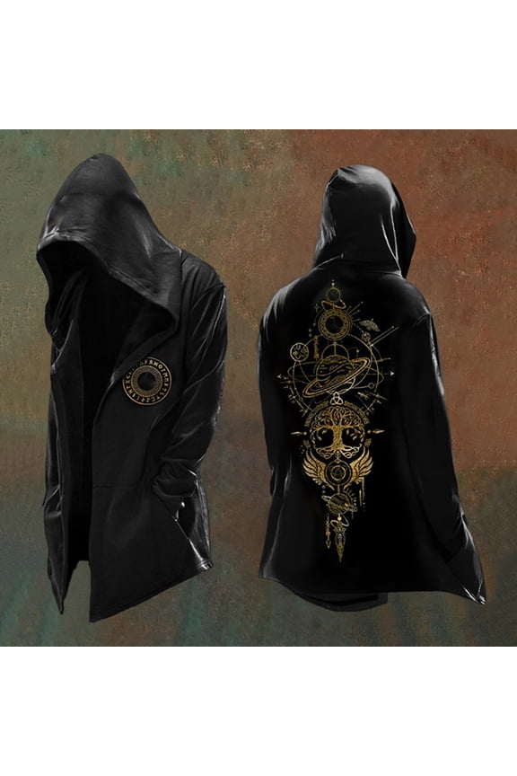 Norse Mythology Jackets for Men Vintage Long Sleeve Hooded Motorcycle Jacket Casual Relaxed Fit Cardigan Coat Black XXL