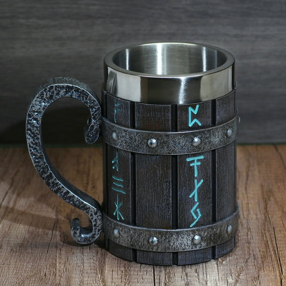 Medieval Norse Viking Oak Wooden Beer Mug Stein with Stainless Steel Liner,Nordic Viking Runes Coffee Drink Cup for Men and Fathers Day Gift 550ml