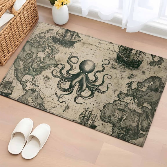 Medieval Octopus 2'x3' Washable Rug, Vintage Nautical Boat Retro Map Non-Slip Soft Doormat Area Rugs for Entrance Bathroom Bedsides, Front Doormat Carpet for Kitchen Bedroom, Entryway Floor Mat