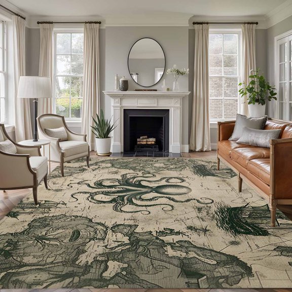 Medieval Octopus 6'x9' Area Rug for Living Room, Vintage Nautical Boat Retro Map Washable Non-Slip Floor Mat Rugs for Bedroom Dining Room, Indoor Large Carpet for Classroom, Nursery Rugs for Playroom