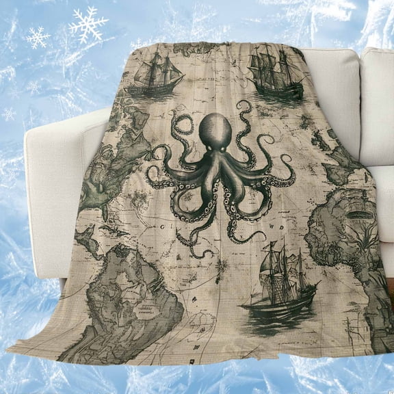 Medieval Octopus Cooling Blanket, Lightweight Breathable Summer Throw Blanket with Double Sided Cold Effect, Vintage Nautical Boat Retro Map Picnic Beach Blankets Bed Sheet for Hot Sleepers 30"x40"