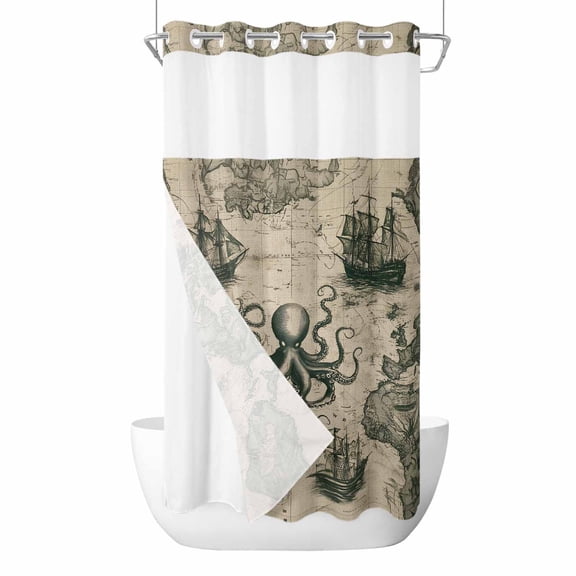 Medieval Octopus No Hook Shower Curtain Waterproof, Bathroom Curtains with Snap in Liners and See Through Top Window, Vintage Nautical Boat Retro Map Hotel Style Bathtub Curtains Shower 36"Wx72"L