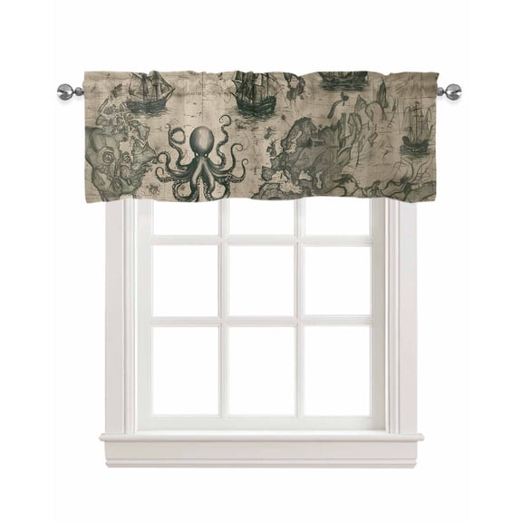 Medieval Octopus Kitchen Valances for Windows Farmhouse Linen Window Valance Curtain for Living Room Window Treatment Vintage Nautical Boat Retro Map Valance Rod Pocket Topper Drape, 60 x 18 Inch