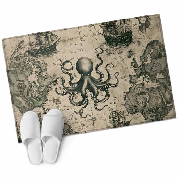 Medieval Octopus Large Area Rugs for Bedroom Living Room, Soft Non Slip Carpet Bedside Rug, Vintage Nautical Boat Retro Map Rectangular Floor Cover Kitchen Accent Rug 2'x3' for Dining Room/Office