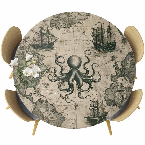 Medieval Octopus Round Tablecloth, Fitted Table Cover with Elastic for 36"-44" Round Tables, Vintage Nautical Boat Retro Map Table Cloth Outdoor Indoor Dinning Party Waterproof Tablecloths