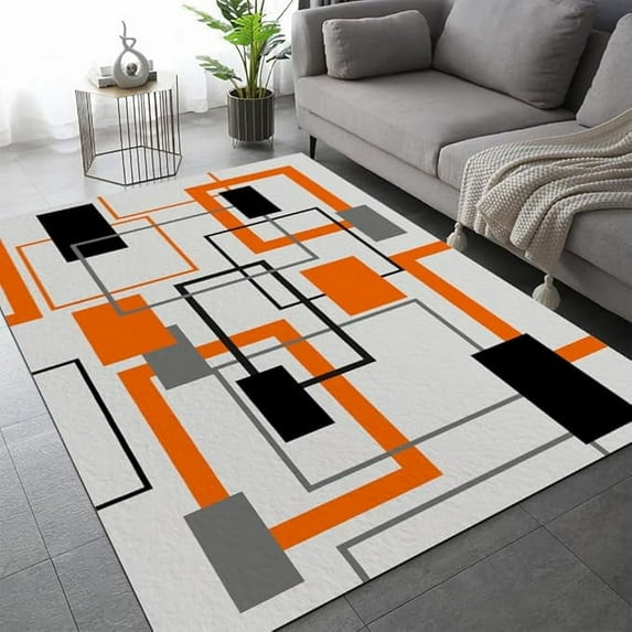 Medieval Orange Geometry Area Rugs, Black White Gray Splicing Lines Soft Indoor Washable Rug, Non-Shedding Bedroom Large Carpet For Dining Room Home Kitchen 4 x 5ft