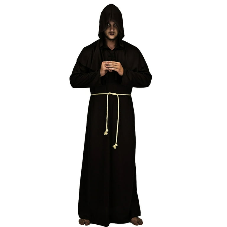 Medieval Monk Priest Robe Black Hooded Renaissance Friar Cloak Tunic  Halloween Cosplay Costume for Men