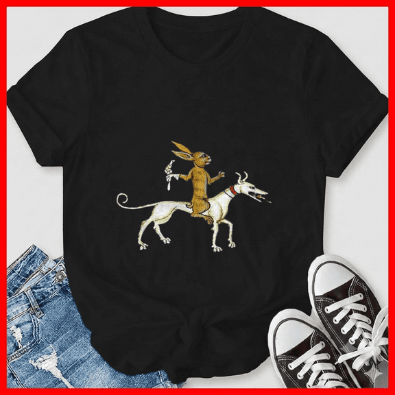 Medieval Rabbit Riding Dog And Holding Snail Quirky Antique Unisex T-Shirt, up to size 5XL