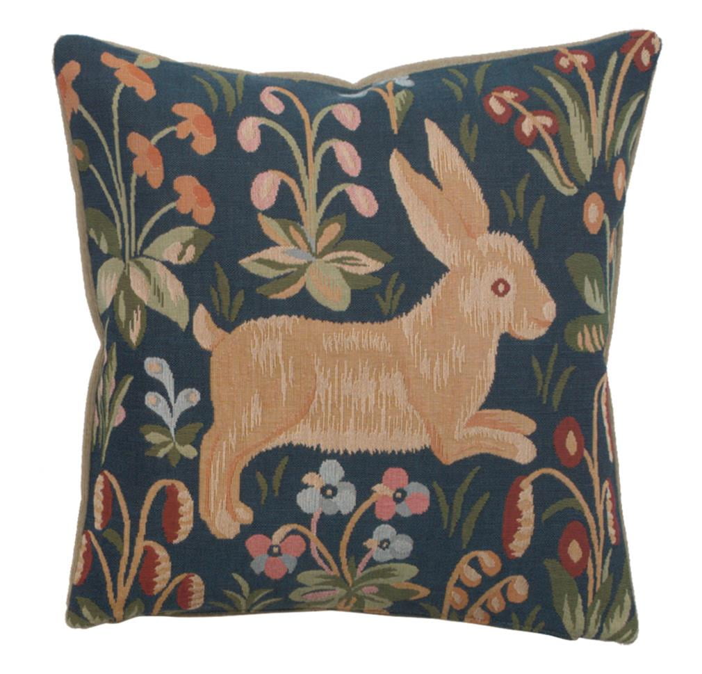 Medieval Rabbit Blue Cotton Jacquard Throw Pillow