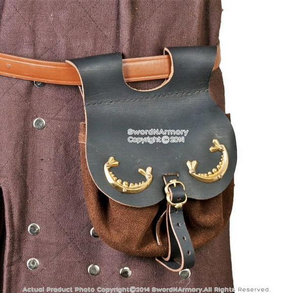 Medieval Renaissance Costume Genuine Leather Blet Pouch Sache with Brass Fitting