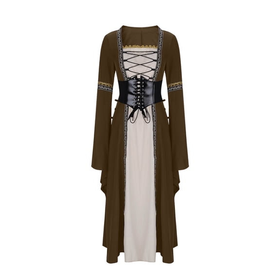 Medieval Renaissance Dress Women Fashion Casual Solid Color Corset Lace up Flare Long Sleeve Maxi Dresses Khaki XL