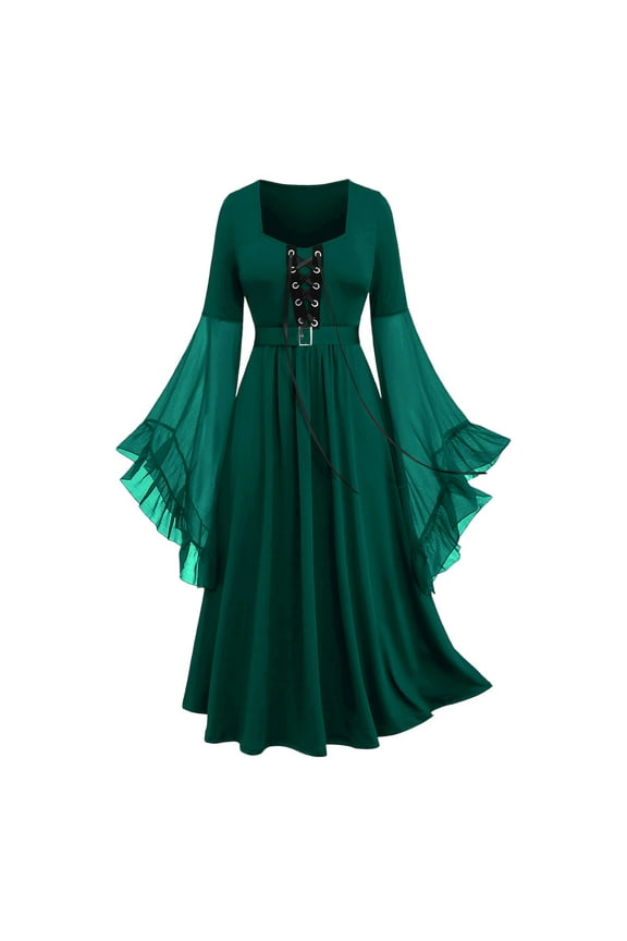 Medieval Renaissance Dress for Women, Bell Sleeve Gothic Lace Up Maxi Gown, Witch Cosplay Vintage Halloween Dress