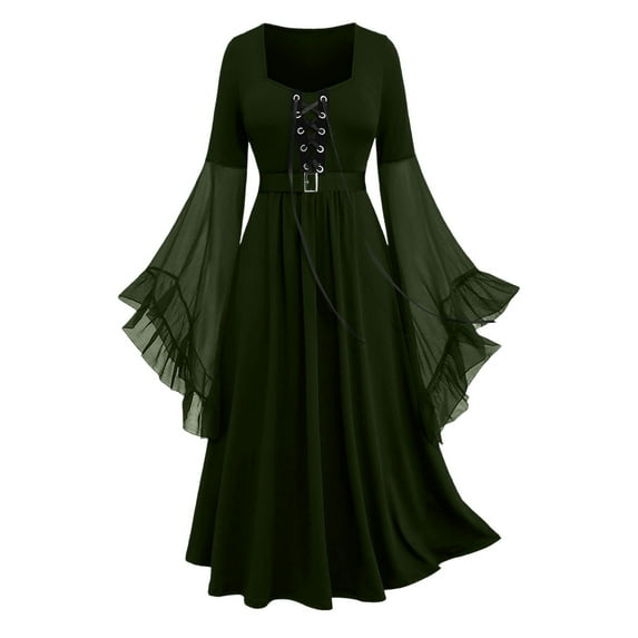 Medieval Renaissance Dress for Women, Bell Sleeve Gothic Lace Up Maxi Gown, Witch Cosplay Vintage Halloween Dress