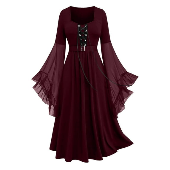 Medieval Renaissance Dress for Women, Bell Sleeve Gothic Lace Up Maxi Gown, Witch Cosplay Vintage Halloween Dress