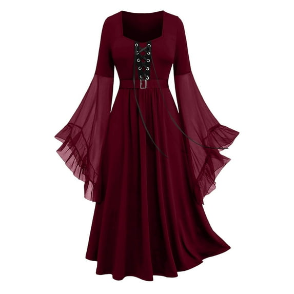 Medieval Renaissance Dress for Women, Bell Sleeve Gothic Lace Up Maxi Gown, Witch Cosplay Vintage Halloween Dress