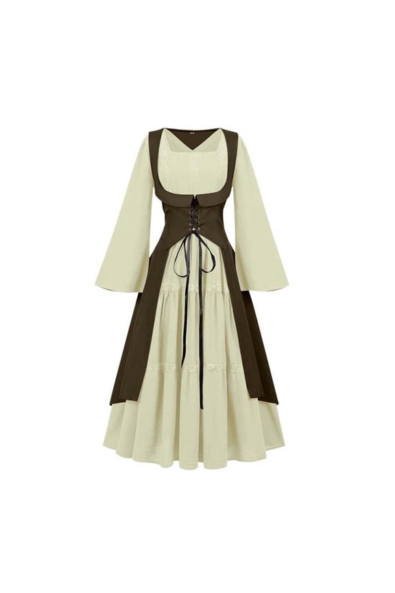 Medieval Renaissance Dress for Women, Lace Up Peasant Costume Gown, Long Sleeve Vintage Tavern Maid Outfit