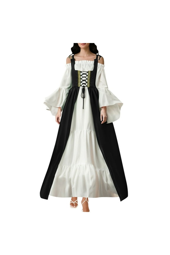 Medieval Renaissance Dress for Women Long Sleeve Lace Up Overdress with Underdress Historical Cosplay Costume