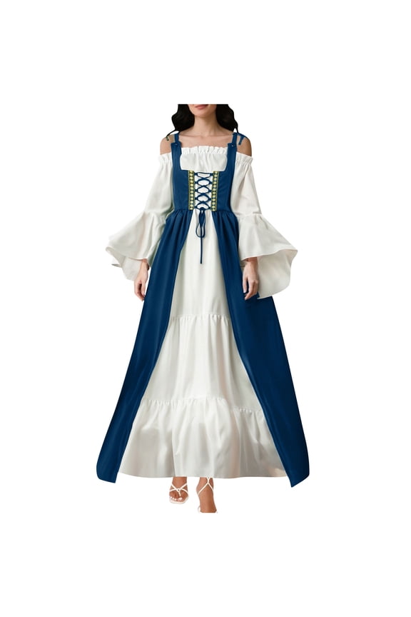 Medieval Renaissance Dress for Women Long Sleeve Lace Up Overdress with Underdress Historical Cosplay Costume