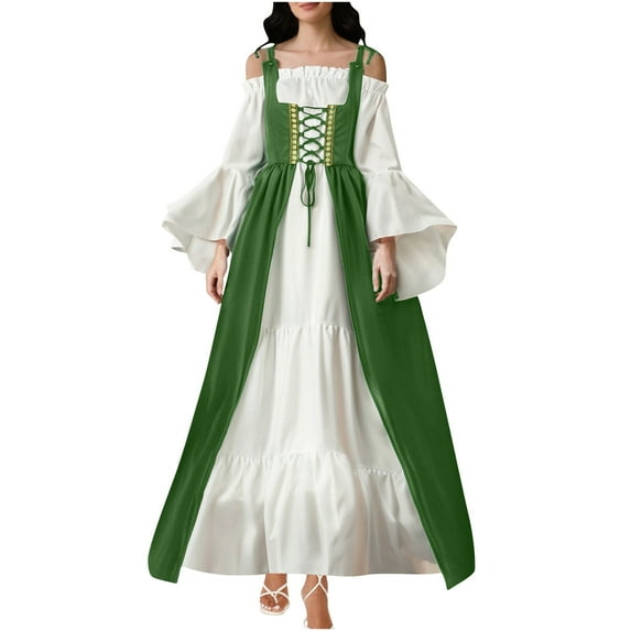 Medieval Renaissance Dress for Women Long Sleeve Lace Up Overdress with Underdress Historical Cosplay Costume